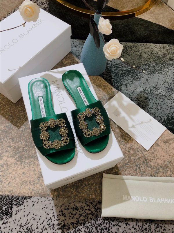 Manolo Blahnik silk slippers green