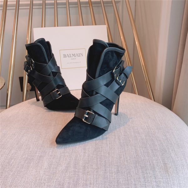 balmain pointed toe belt buckle boots